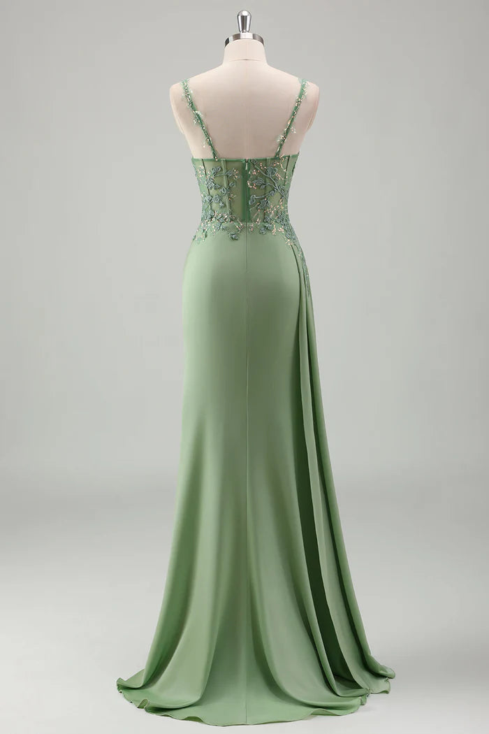 Robe Weitese scintillante vert clair à bretelles spaghetti en dentelle, robe longue de bal sans manches, robe de soirée fendue en satin